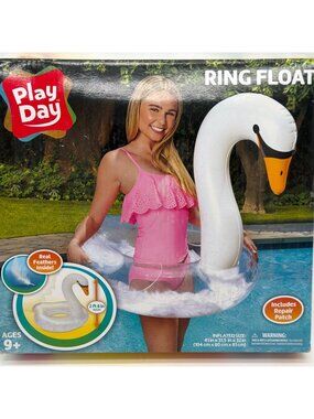 Play Day Swan Ring Pool Float With Real Feathers & Repair Patch Ages 9+ 41x31.5x